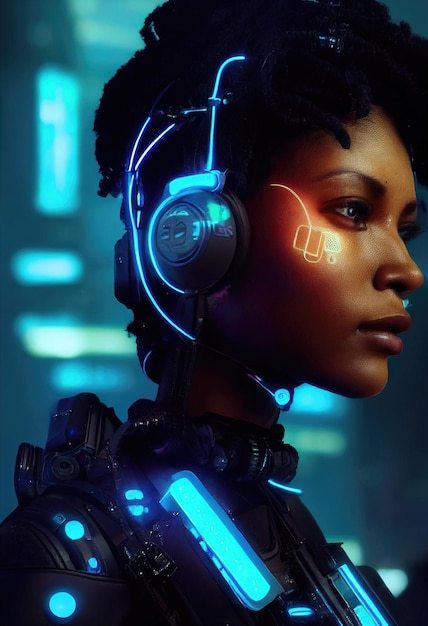 A realistic portrait of a ebony girl wearing a cyberpunk headset and cyberpunk gear.