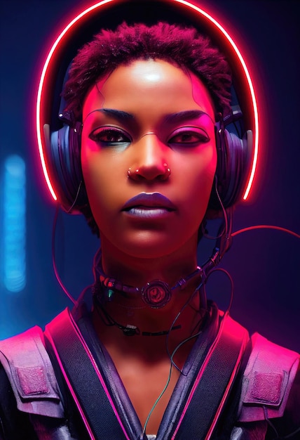 Un ritratto realistico di una ragazza ebano che indossa un auricolare cyberpunk e attrezzatura cyberpunk.