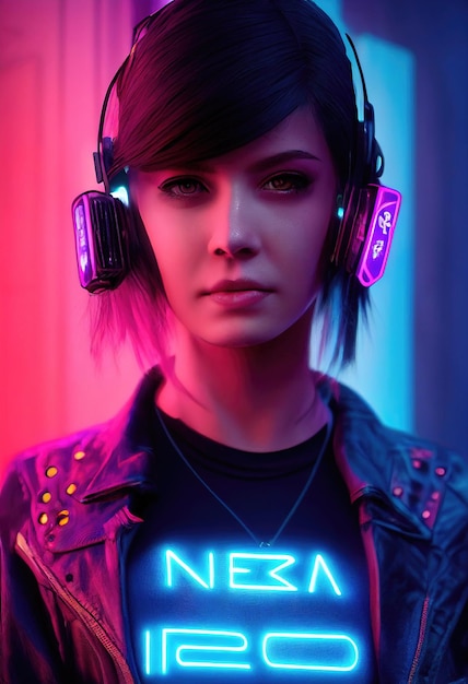 Realistic portrait of a fictional girl with headphones. A modern girl with a cyber headset.