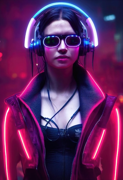 Realistic portrait of a fictional girl with headphones. A modern girl with a cyber headset.