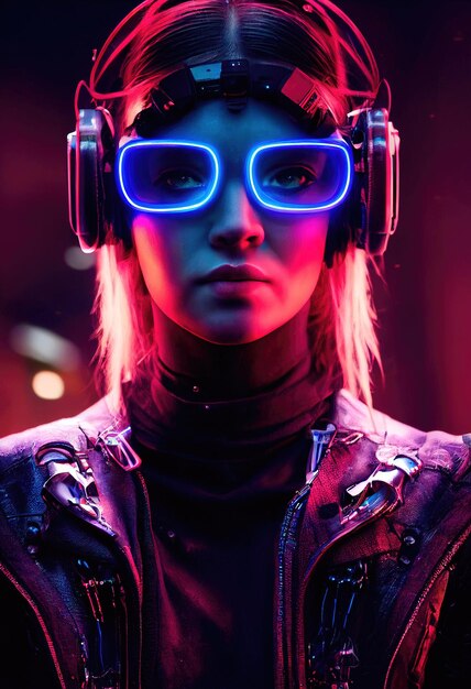 Realistic portrait of a fictional girl with headphones. A modern girl with a cyber headset.