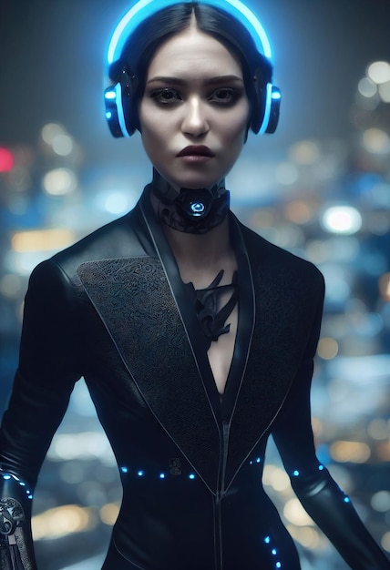 헤드폰을 끼고 있는 가상의 소녀의 현실적인 초상화. 사이버 헤드셋을 쓴 현대 소녀.