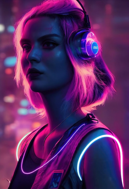 Realistic portrait of a fictional girl with headphones. a modern girl with a cyber headset