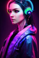Realistic portrait of a fictional girl with headphones. a modern girl with a cyber headset.