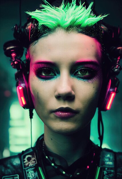 Realistic portrait of a fictional punk girl with headphones and
black hair