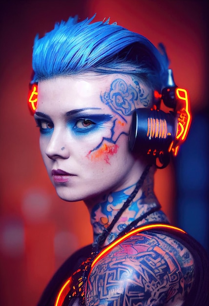 Realistic portrait of a fictional punk girl with headphones and blue hair