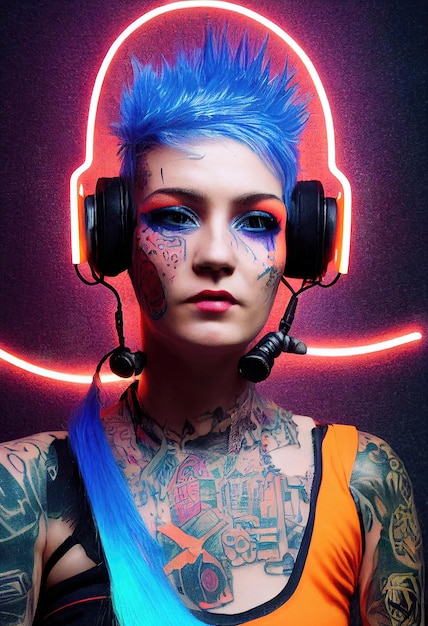 Realistic portrait of a fictional punk girl with headphones and\
blue hair