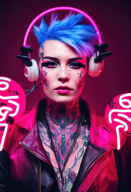 Realistic portrait of a fictional punk girl with headphones and\
blue hair