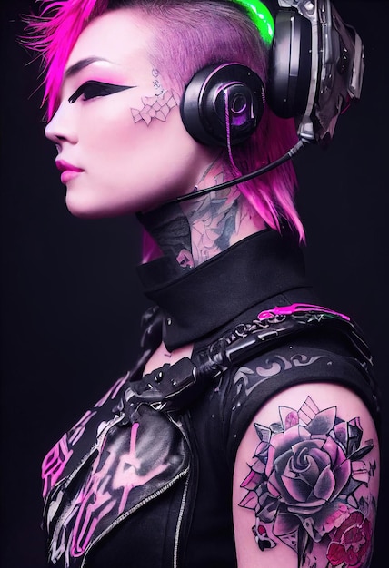 Realistic portrait of a fictional punk girl with headphones and pink hair. Hipster girl