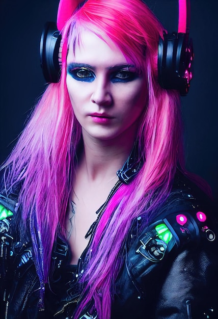 Realistic portrait of a fictional punk girl with headphones and\
pink hair. hipster girl