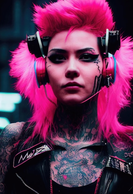 Realistic portrait of a fictional punk girl with headphones and\
pink hair