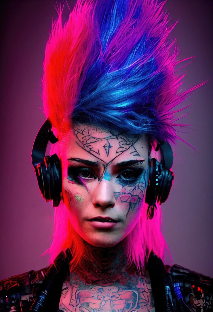 Photo realistic portrait of a fictional punk girl with headphones and pink hair