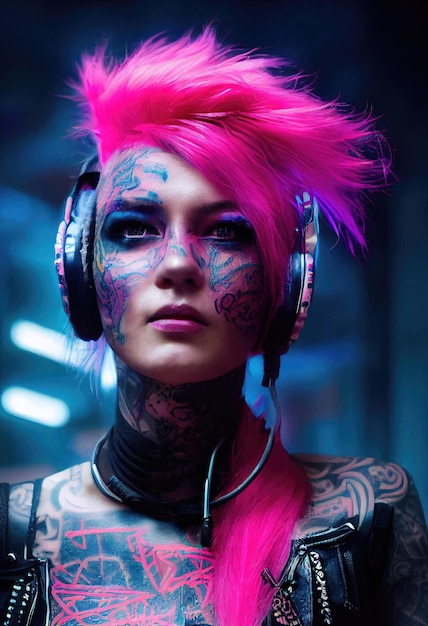 Realistic portrait of a fictional punk girl with headphones and\
pink hair