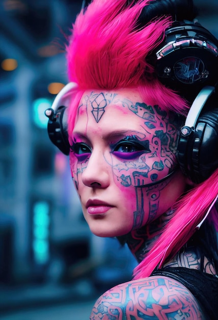 Realistic portrait of a fictional punk girl with headphones and pink hair