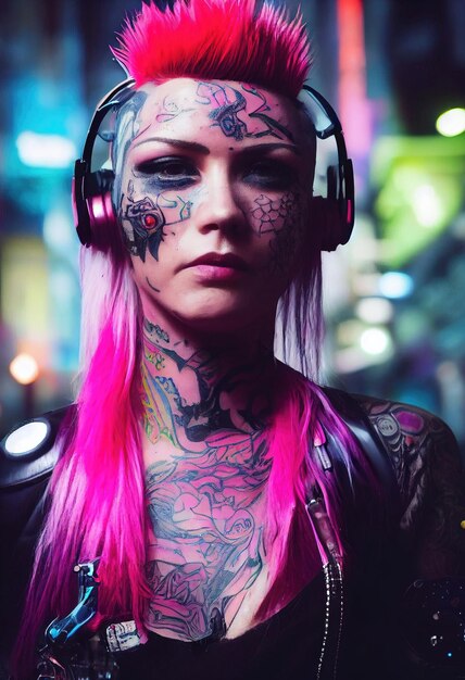 Realistic portrait of a fictional punk girl with headphones and
pink hair