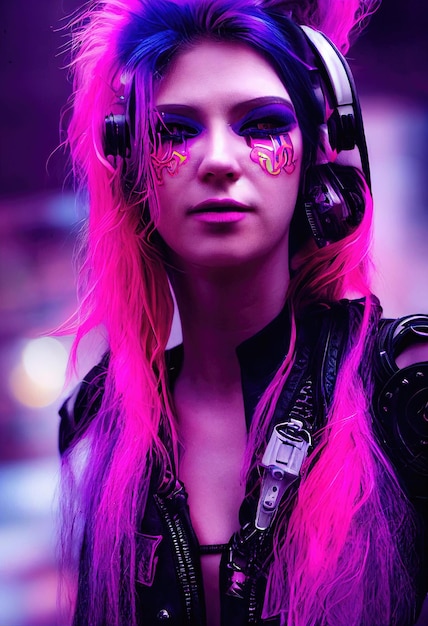 Realistic portrait of a fictional punk pretty girl with headphones and bluepink hair