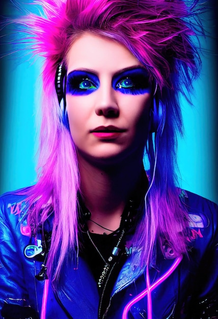Realistic portrait of a fictional punk pretty girl with headphones and bluepink hair.