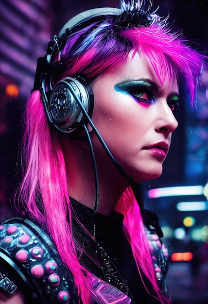 Realistic portrait of a fictional punk pretty girl with headphones and pink hair