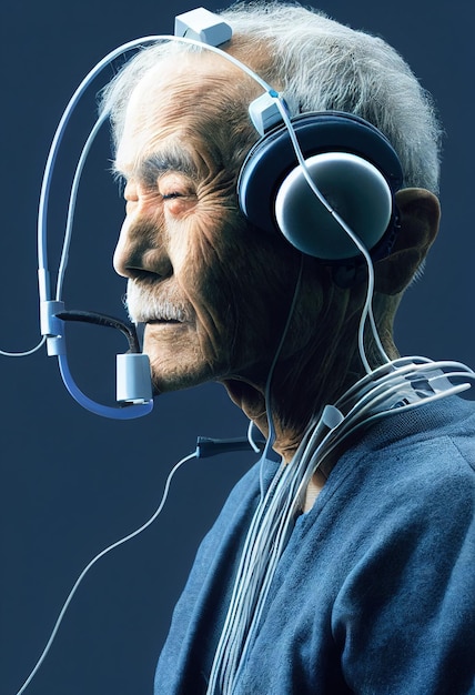 Realistic portrait of a grandfather in a futuristic cyberpunk style with a cyber headset