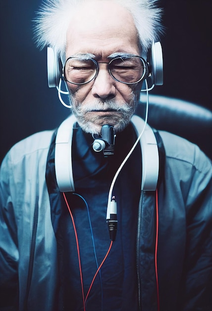 Realistic portrait of a grandfather in a futuristic cyberpunk style with a cyber headset