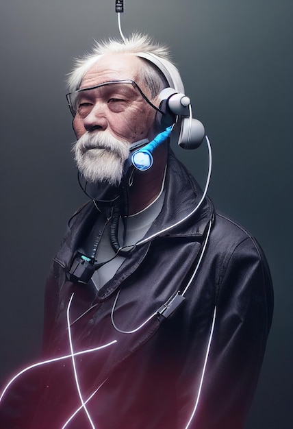 Realistic portrait of a grandfather in a futuristic cyberpunk style with a cyber headset