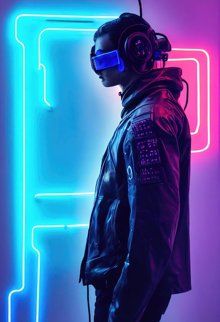 Realistic portrait of a man in a cyberpunk suit with a background of neon light
