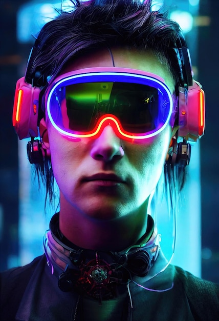 A realistic portrait of a man in neon light wearing a cyberpunk headset and cyberpunk gear.