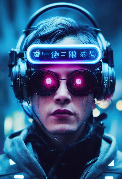 A realistic portrait of a man in neon light wearing a cyberpunk headset and cyberpunk gear.