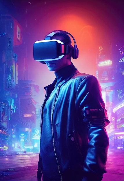 A realistic portrait of a man in neon light wearing a cyberpunk headset and cyberpunk gear.