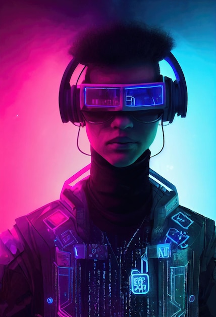 A realistic portrait of a man in neon light wearing a cyberpunk headset and cyberpunk gear