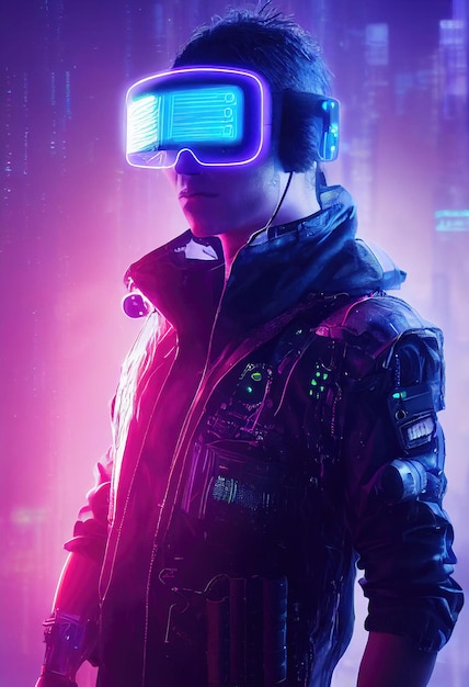 A realistic portrait of a man in neon light wearing a cyberpunk headset and cyberpunk gear