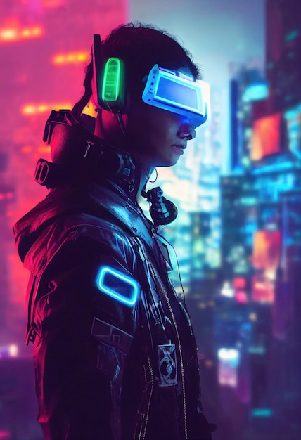 A realistic portrait of a man in neon light wearing a cyberpunk headset and cyberpunk gear