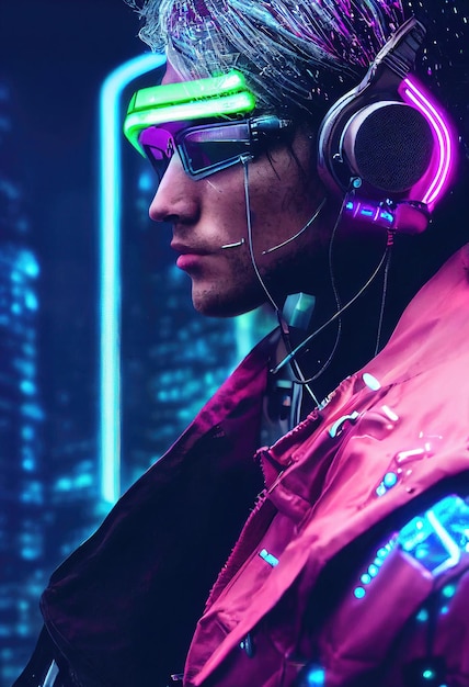 A realistic portrait of a man in neon light wearing a cyberpunk headset and cyberpunk gear
