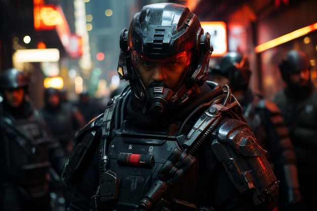 A realistic portrait of a man wearing a cyberpunk headset and cyberpunk gear Hightech futuristic man...