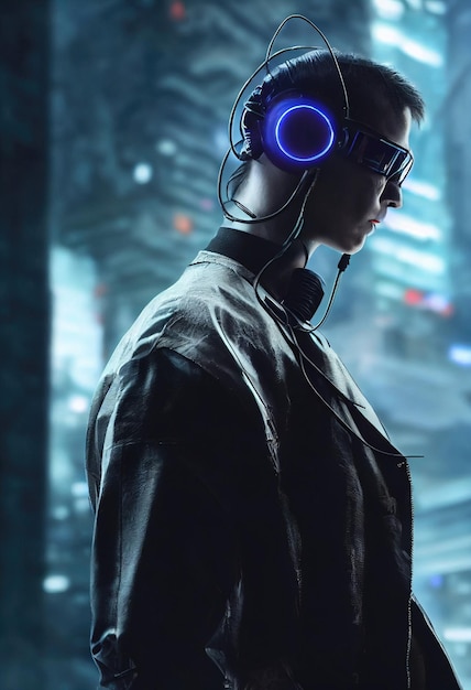 A realistic portrait of a man wearing a cyberpunk headset and cyberpunk gear