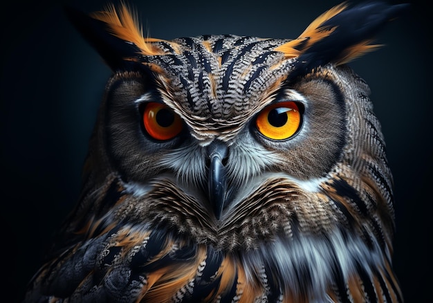 Realistic portrait of an owl on dark background AI generated