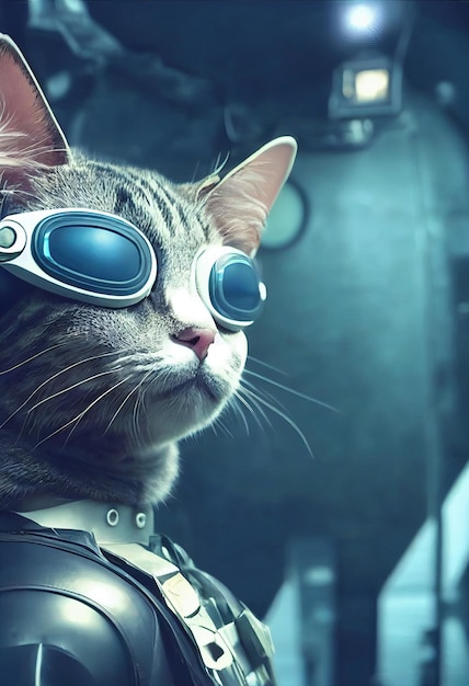 Realistic portrait of a scifi cyberpunk cat in a cyber suit Hightech futuristic cat from the future