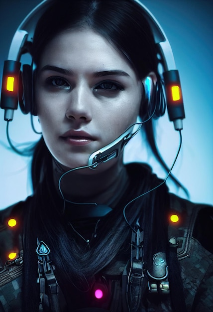 Realistic portrait of a scifi cyberpunk girl in a cyber suit Hightech futuristic man from the future