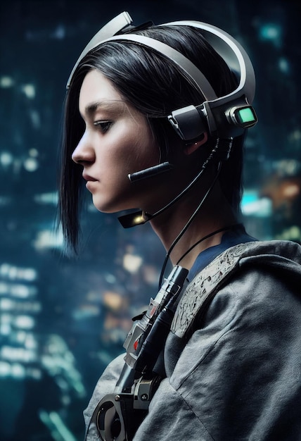 Realistic portrait of a scifi cyberpunk girl in a cyber suit Hightech futuristic man from the future