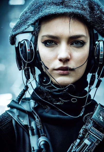 Realistic portrait of a scifi cyberpunk girl in a cyber suit Hightech futuristic man from the future