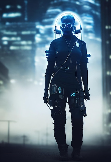 Foto ritratto realistico di una ragazza cyberpunk scifi in una tuta cibernetica uomo futuristico hightech dal futuro