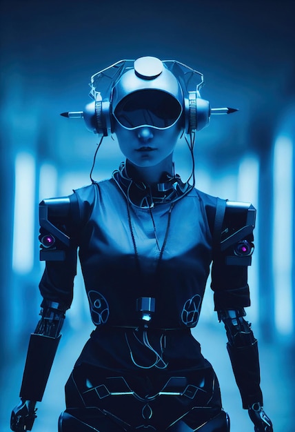 Realistic portrait of a scifi cyberpunk girl in a cyber suit Hightech futuristic man from the future