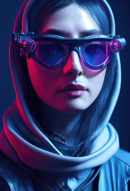 Realistic portrait of a scifi cyberpunk girl. Hightech futuristic man from the future.