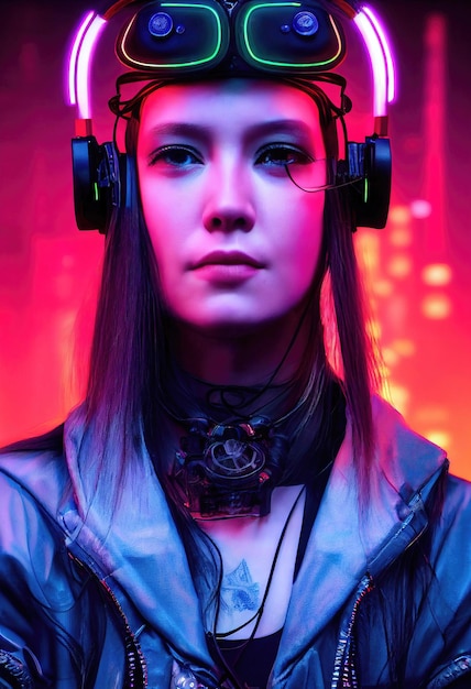 Realistic portrait of a scifi cyberpunk girl. Hightech futuristic woman from the future.