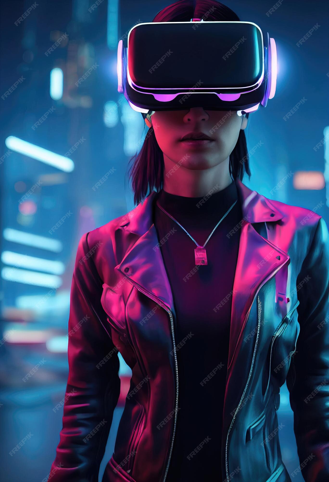 Premium Photo  Cyberpunk woman portrait with vr headset in high