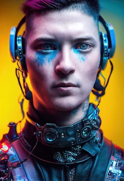 Realistic portrait of a scifi cyberpunk men in a cyber suit hightech futuristic man from the future