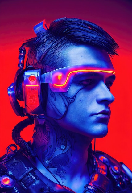 Realistic portrait of a scifi cyberpunk men in a cyber suit. Hightech futuristic man