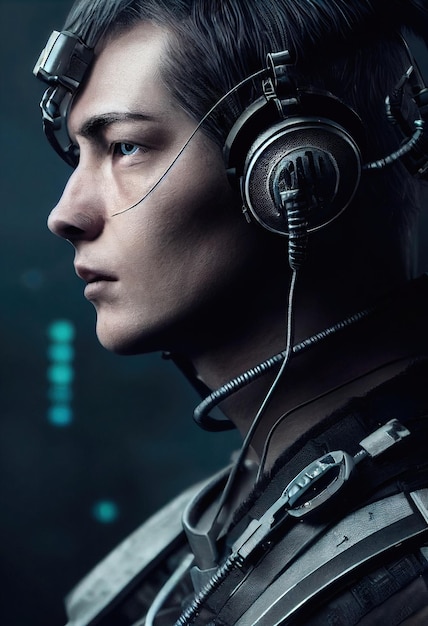 Realistic portrait of a scifi cyberpunk men in a cyber suit. Hightech futuristic man