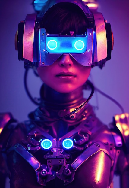 Realistic portrait of a scifi neon cyberpunk girl in a cyber suit. Hightech futuristic man