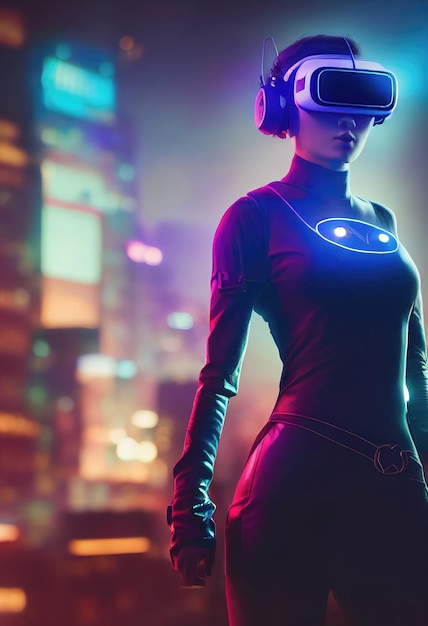 Realistic portrait of a scifi neon cyberpunk girl in a cyber suit. Hightech futuristic man